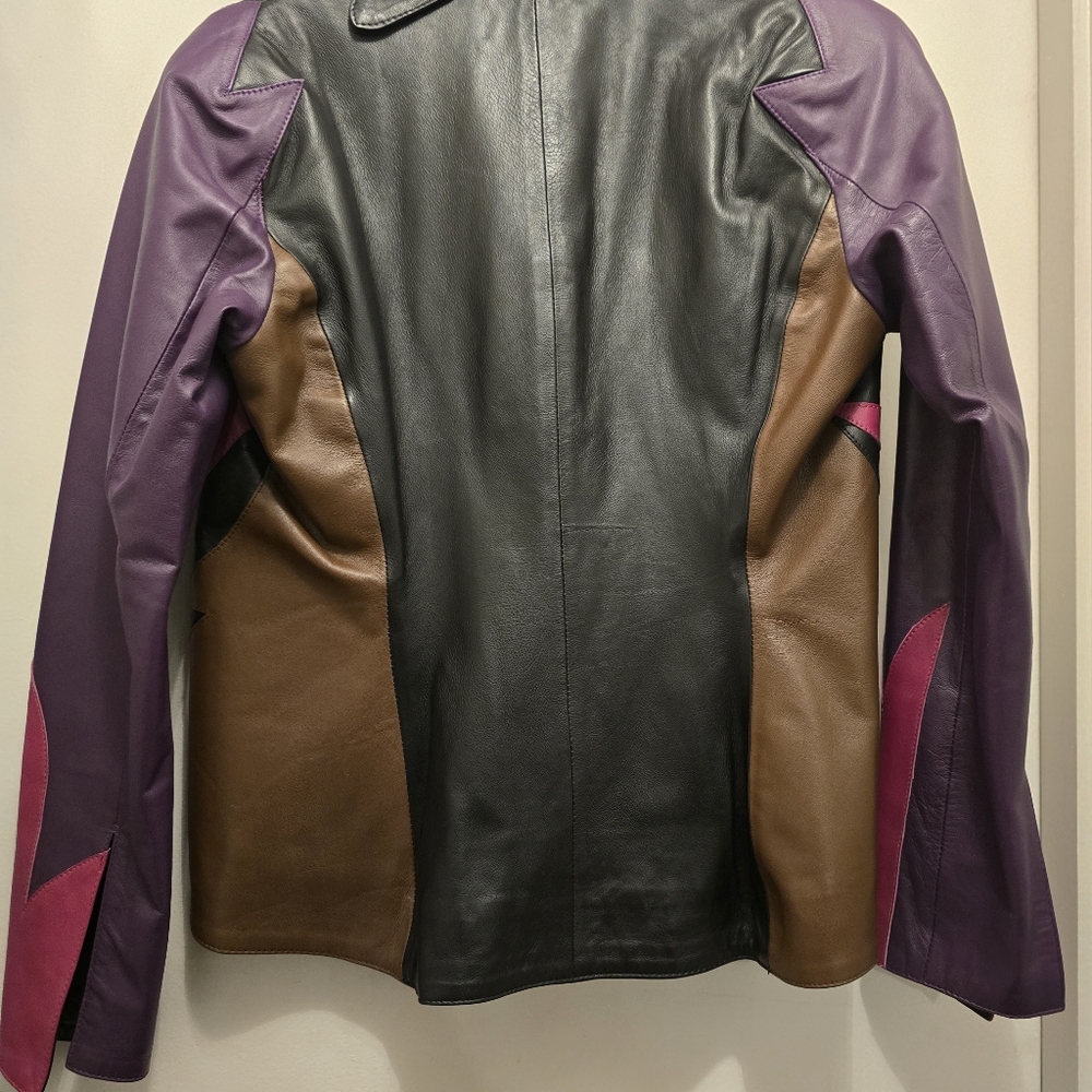 Colorblock Leather Jacket - Pink, Purple & Brown - Picture 2 of 4